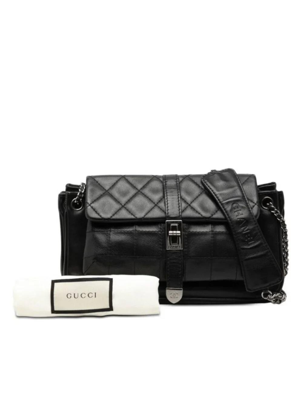 Chanel CC Logo 2.55 Quilted Chain Shoulder Bag Black Lambskin